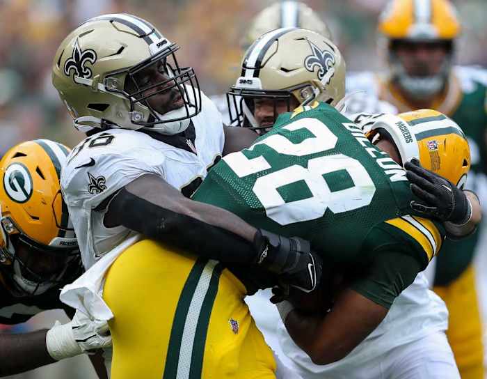 The Packers' AJ Dillon ran into a brick wall against the Saints. (Photo by USA Today Sports Images)